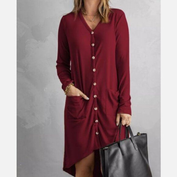 BURGUNDY HIGH LOW BUTTON-DOWN CARDIGAN DUSTER - Picture 1 of 8